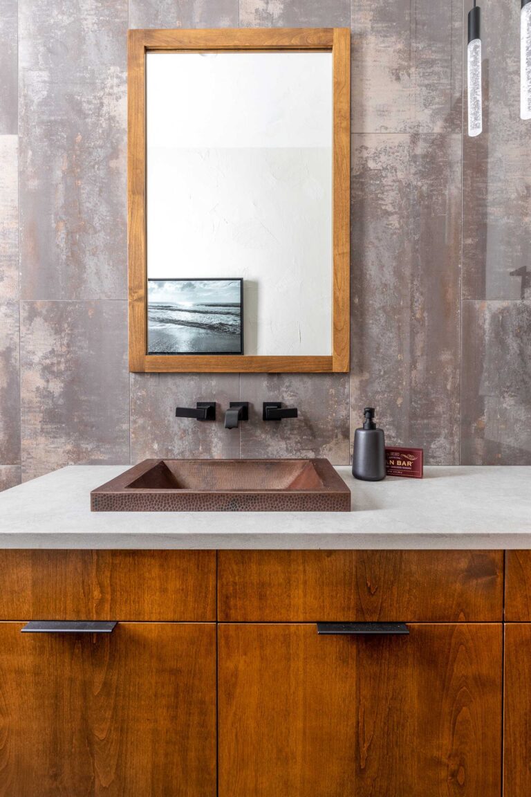 interior design mountain home powder room copper sink