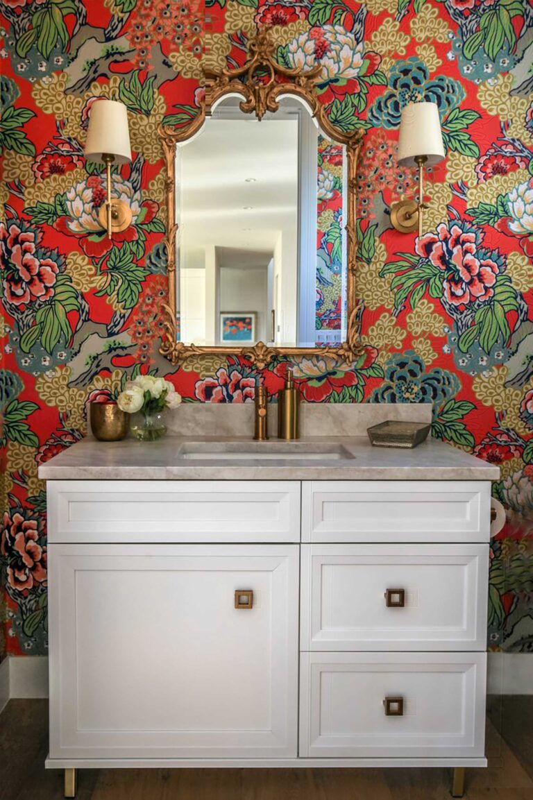 vibrant red wallpaper powder room interior design