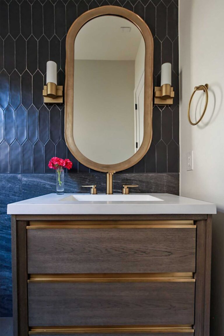 Blue hexagon tile powder room