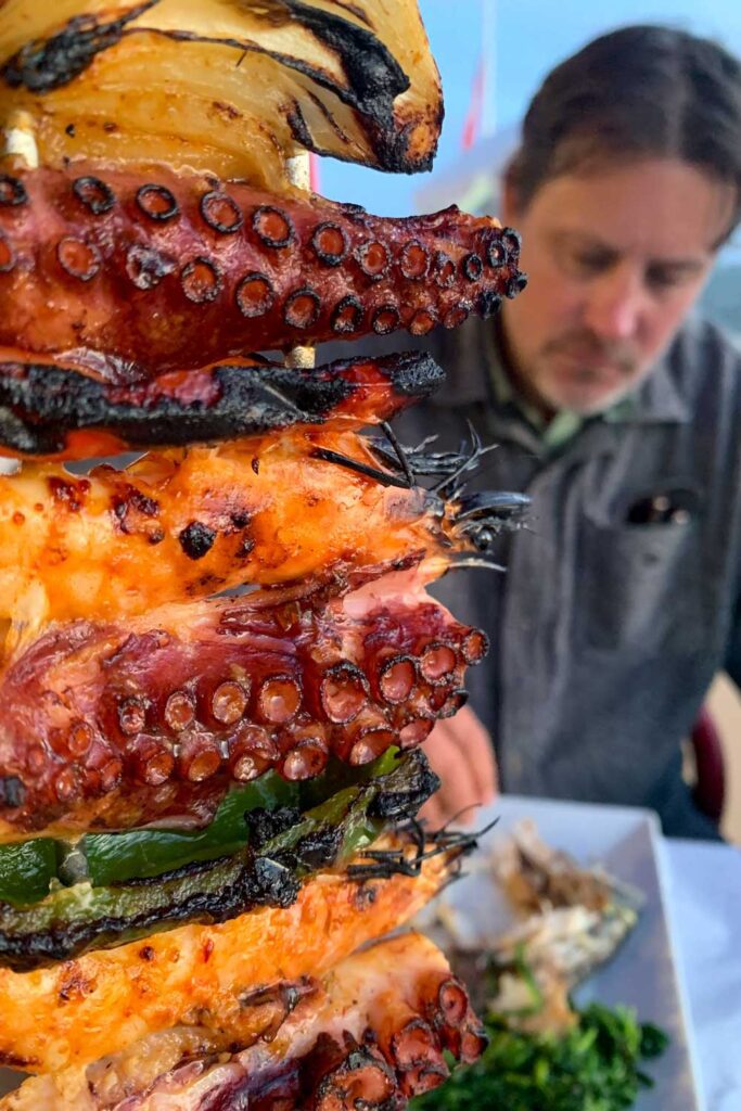 Photo of a huge octopus skewer for dinner at a restaurant in Colares, Portugal